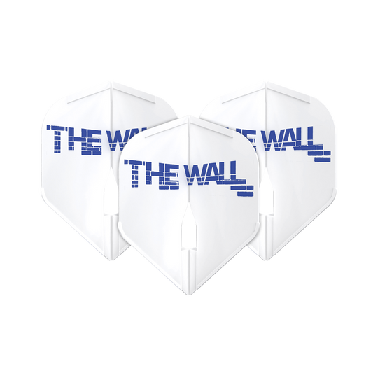 Loty Martin Schindler White L1PRO w stylu L Das Bild zeigt drei weiße Dartflights mit der Aufschrift "THE WALL" in blauer Schrift. Die Flights sind das Modell "L-Style Martin Schindler Weiß L1PRO".
