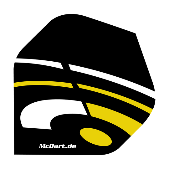 Standardowe loty McDart ID – żółte Das Bild zeigt ein McDart ID Standard Flight in den Farben Schwarz, Gelb und Weiß. Auf dem Flight ist auch die Webseite "McDart.de" aufgedruckt.