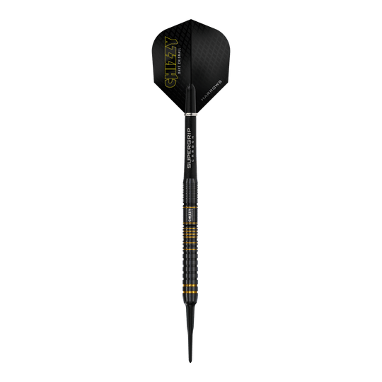 Miękkie lotki Harrow's Dave Chisnall Chizzy Series 3 Dieses Bild zeigt einen Harrows Dave Chisnall Chizzy Series 3 Softdart. Der Dartpfeil ist schwarz mit gelben Akzenten und trägt den Schriftzug "CHIZZY" auf dem Flight.
