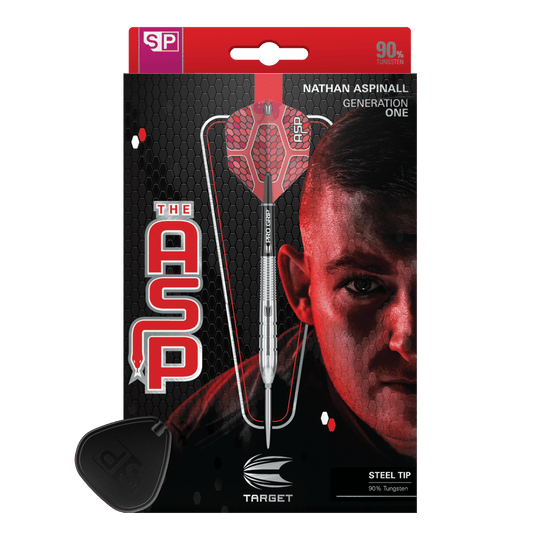 Stalowe lotki Target Nathan Aspinall GEN1 Swiss Point Das Bild zeigt die Verpackung der "Target Nathan Aspinall GEN1 Swiss Point Steeldarts". Auf der Verpackung ist ein Steeldart sowie das Porträt eines Mannes abgebildet.