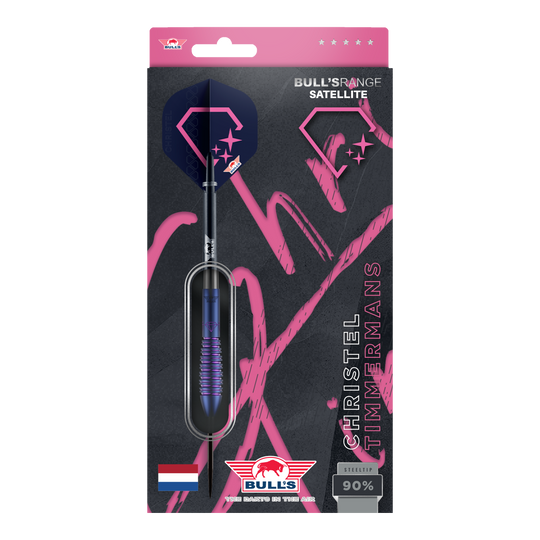 Bulls NL Christel Timmermans Satellite 90 stalowych rzutek 25g Die Bulls NL Christel Timmermans Satellite 90 Steeldarts 25g sind auf dem Bild abgebildet. Es handelt sich um hochwertige Steeldarts für Präzision und Leistung.
