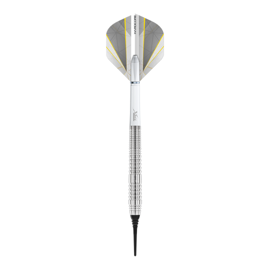 Dies ist ein Red Dragon Seren 2 Pure Softdart mit einem Gewicht von 20g. Der Dart hat ein silbernes, geriffeltes Barrel und ein modernes Flight-Design in Weiß und Grau mit gelben Linien.