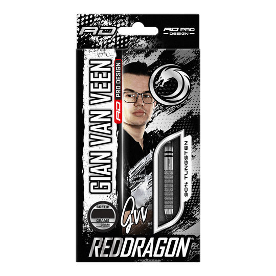 Softdarts Red Dragon Gian Van Veen Tour Edition - 20g Auf dem Bild ist die Verpackung der "Red Dragon Gian Van Veen Tour Edition Softdarts - 20g" zu sehen. Die Packung zeigt ein Porträt von Gian Van Veen und ein Sichtfenster mit einem Dartpfeil.