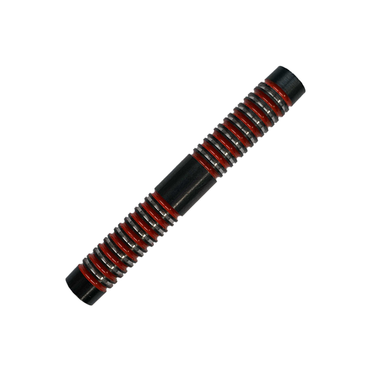 Das Bild zeigt einen McDart Crimson Softdart Barrel mit einem Gewicht von 20g. Der Barrel ist schwarz mit silbernen und roten Ringen.