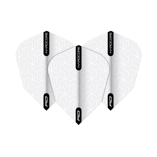TF6848_Red_Dragon_White_V-Standard_Flights_1jqerqLFNEYyav Das Bild zeigt drei weiße Red Dragon V-Standard Flights mit geometrischem Muster. Auf jedem Flight steht "HARDCORE" und "RD" in schwarzen Streifen.