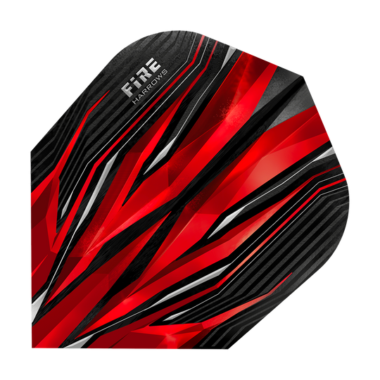 HR1_Harrows_Fire_Red_Standard_Flights_1Tl705vunaS1Pg Dies ist ein Harrows Fire Red Standard Flight für Darts. Das Design zeigt auffällige rote, schwarze und weiße Linien mit einem modernen, dynamischen Muster.