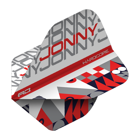 TF6663_Red_Dragon_Hardcore_Jonny_WhiteRed_Standard_Flights_2L1oMNfYKYOfAV Das Bild zeigt ein Dartflight mit dem Aufdruck "JONNY" in grauen und roten Buchstaben. Das Design ist modern und besteht aus weißen, grauen, roten und dunkelblauen geometrischen Mustern.
