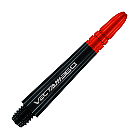 Das Bild zeigt Winmau Vecta Blade360 Shafts in Schwarz mit einer Länge von 40 mm. Die Shafts werden aus einer anderen Perspektive präsentiert.