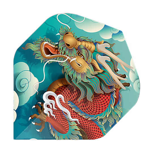 Pentathlon Flights Dragon Das Bild zeigt ein Dart-Flight mit einem bunten Drachenmotiv auf blauem Hintergrund. Es handelt sich um das Produkt "Pentathlon Dragon 5 Standard Flights".