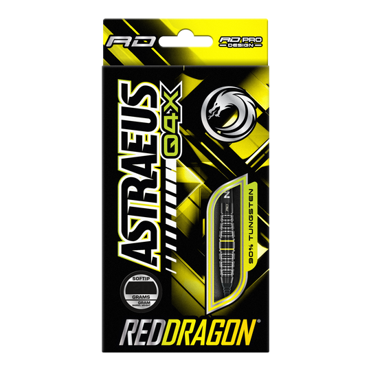 Czerwone strzałki Astraeus Q4X Torpedo Soft Darts - 20g Die Verpackung zeigt die "Red Dragon Astraeus Q4X Torpedo Softdarts" mit einem Gewicht von 20g. Das Design ist in Schwarz und Gelb gehalten und hebt hervor, dass die Darts aus 90% Tungsten bestehen.