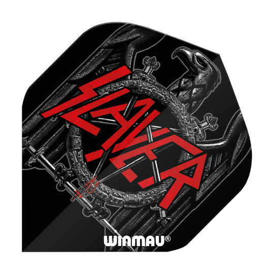 6905-221_Winmau_Rockstar_Legends_Slayer_Black_Eagle_Standard_Flights_1 Das Bild zeigt ein schwarzes Dartflight mit einem stilisierten Adler und dem roten Schriftzug "Slayer" in der Mitte. Unten ist das Logo "Winmau" abgebildet.
