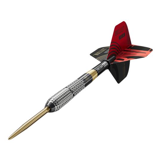 Dieses Bild zeigt die Target Stephen Bunting GEN5 Void Swiss Point Steeldarts. Das Set ist ideal für begeisterte Dartspieler und Fans von Stephen Bunting.