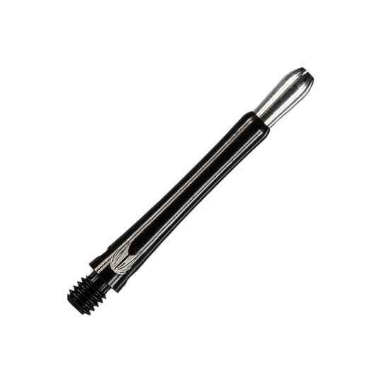 146220_Target_Grip_Style_Aluminium_Shafts_Schwarz_408mm_2 Das Bild zeigt einen schwarzen Aluminium-Dartshaft mit Gewinde. Er ist schmal und hat ein glänzendes Finish.