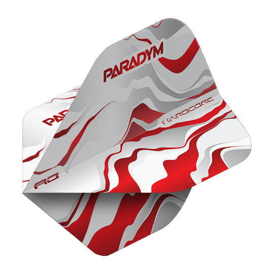 Zu sehen sind Red Dragon Hardcore Premium Paradym Red Premium No2 Standard Flights. Dieses Dart-Flight-Set besticht durch ein rotes Premium-Design.