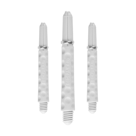 Harrows Dimplex Shafts - Weiß Auf dem Bild sind drei weiße Dart-Schäfte mit dimplex Struktur zu sehen. Sie stehen nebeneinander, wobei der mittlere Schaft etwas länger ist als die beiden äußeren.