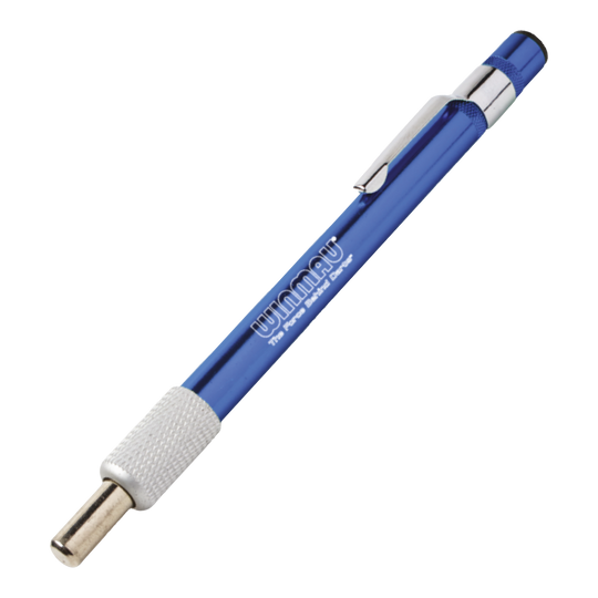 Kamień do ostrzenia Winmau Diamond Point Ein blauer Schleifstein für Dartspitzen ist abgebildet. Das Produkt dient dazu, die Spitzen von Darts zu schärfen.