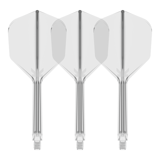 System lotu Target K-Flex No6 - przezroczysty Es ist ein Flight-System abgebildet, vermutlich das Target K-Flex No6 Clear mit 33 mm Länge. Das Bild zeigt ein transparentes Dart-Zubehör.