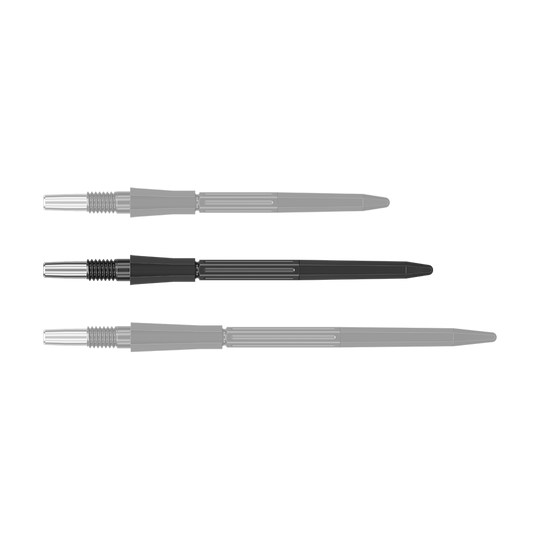 Ein schwarzer Dartspitzenaufsatz ist auf dem Bild zu sehen. Die Spitze ist 35 mm lang.