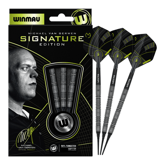 Softdarts Winmau Michael Van Gerwen Signature Edition - 20g Hier sieht man die Winmau Michael Van Gerwen Signature Edition Softdarts mit 20g. Die vollständige Ansicht der Darts ist dargestellt.