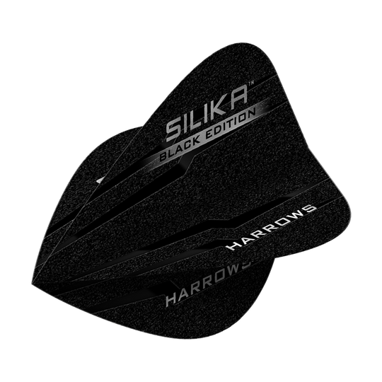Lotki latawcowe Harrows Silika Black Edition Das Bild zeigt die Harrows Silika Black-Edition Kite Flights. Die Flights sind schwarz mit silberner Schrift und haben ein modernes Design.
