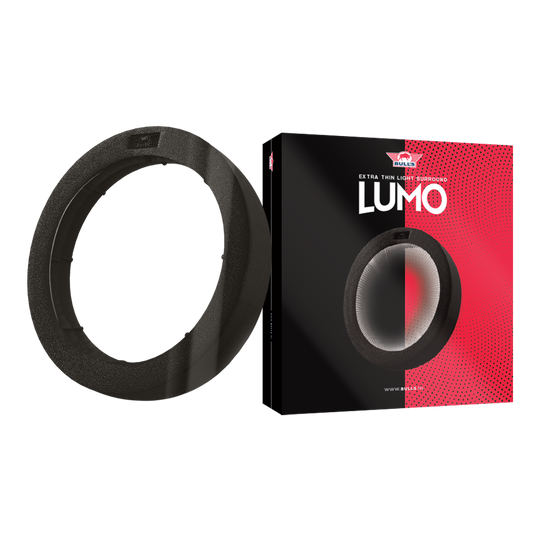 System oświetlenia przestrzennego Bulls NL Lumo Light Das Bild zeigt das Produkt "Bulls NL Lumo Light Surround Beleuchtungssystem". Links ist der Leuchtring selbst zu sehen, rechts die Verpackung mit Produktnamen und Design.