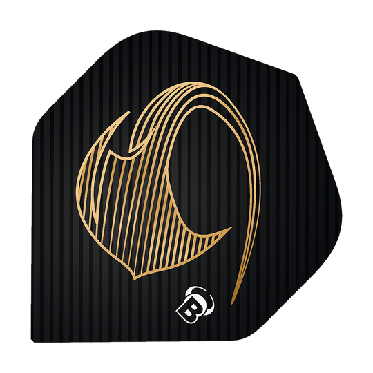 Bulls Metrixx Stingray No2 Standard Flights Das Bild zeigt ein schwarzes Dart Flight mit einem goldenen, stilisierten Stingray-Design. Unten ist ein kleines weißes "B" Logo abgebildet.