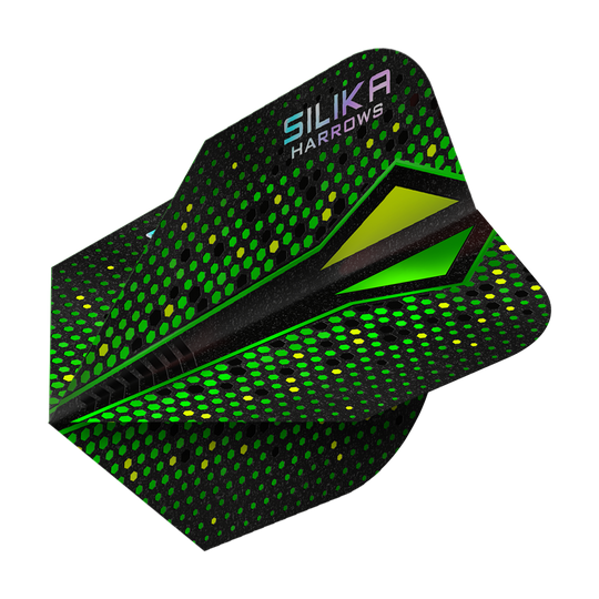 Harrows Silika Colorshift Twarda powłoka krystaliczna Green-X No6 Loty Das Bild zeigt einen grünen Dartflight mit auffälligem Punktmuster und dem Aufdruck „SILIKA HARROWS“. Die Oberfläche hat eine schimmernde, kristallähnliche Beschichtung.