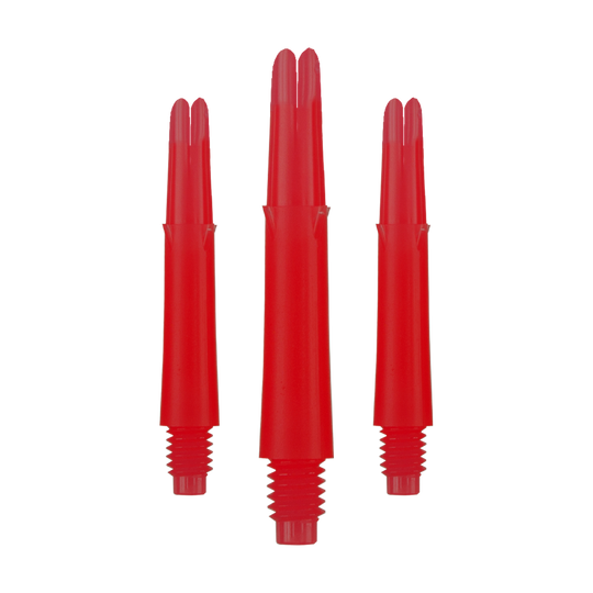 Auf dem Bild sind drei rote, gerade Dartschäfte zu sehen. Sie haben ein Schraubgewinde am unteren Ende und sind jeweils 32 mm lang.