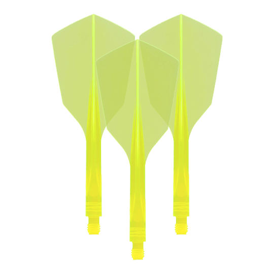 Das Bild zeigt drei neon-gelbe Dartflights mit schmaler Form. Es handelt sich um das Produkt „Condor Axe 120 Flight-System Neon Yellow - Narrow“.
