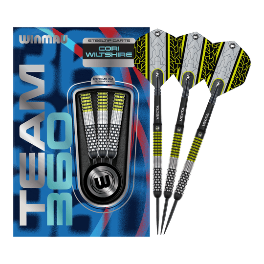Lotki Winmau Team 360 Cori Wiltshire Steel Darts - 24g Das Bild zeigt die Winmau Team 360 Cori Wiltshire Steeldarts mit 24 Gramm. Diese hochwertigen Steeldarts sind für professionelle Dartspieler geeignet.