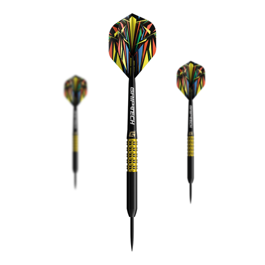 Lotki GOAT Athlete Yellow Tungsten Steel Das Bild zeigt einen gelben Tungsten-Steeldart. Das Produkt ist unter dem Namen 'GD7000770 GOAT Athlete Yellow Tungsten Steeldarts 1 Set' bekannt.