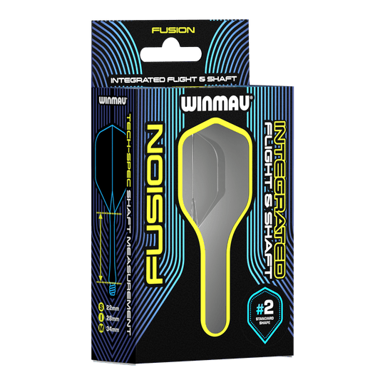 System wałów lotniczych Winmau Fusion Standard Smokey Auf dem Bild ist eine Verpackung des Winmau Fusion Integrated Flight & Shaft Systems zu sehen. Das Produkt hat die Größe 22 mm und ist in der Farbe "Smokey" erhältlich.
