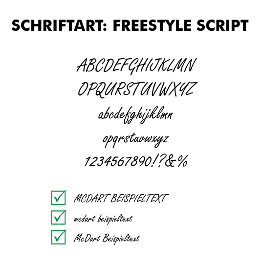 Flightdruck-Schriftart-Freestyle-Scriptjs85TAI9E00rd 10 Satz Bedruckte Flights 2-Seitig - Wunschtext - MDX Standard. Die Flights liegen sortiert aufeinander.