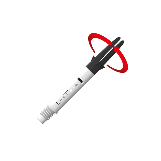 Wałek L-L-Style-Shaft Carbon Silent Straight - biały Das Bild zeigt einen weißen und schwarzen Dartshaft mit der Aufschrift "L-style". Ein roter Pfeil deutet auf eine Drehbewegung an der oberen schwarzen Spitze des Schafts hin.