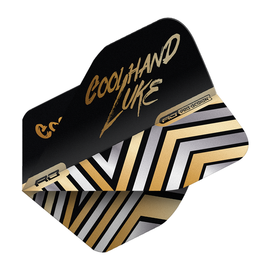 Das Bild zeigt ein Dart-Flight mit dem Aufdruck "COOL HAND LUKE" in goldener Schrift. Das Design ist schwarz-gold mit modernen, geometrischen Linien.
