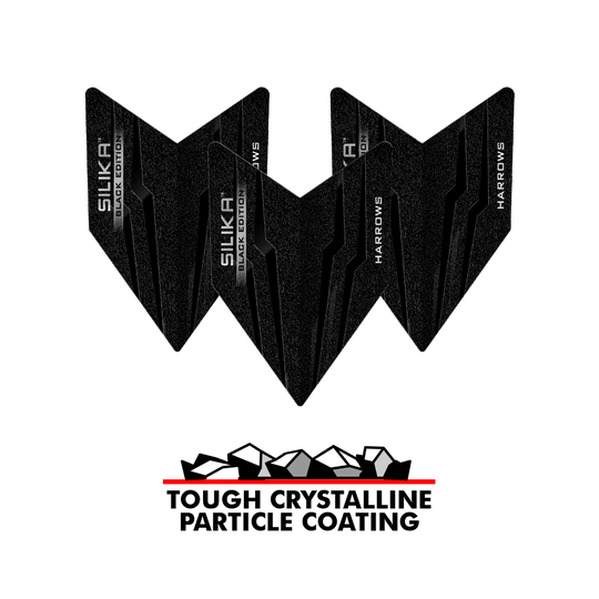 Harrows Silika Black Edition Velos Flights Das Bild zeigt die Harrows Silika Black-Edition Velos Flights in schwarzem Design. Unter den Flights steht der Slogan "Tough Crystalline Particle Coating" mit einer Grafik von Kristallen.
