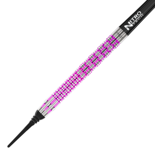 Das Bild zeigt einen Red Dragon Tyrian Softdart mit einem Gewicht von 22g. Der Dart hat ein auffälliges Muster in Silber und Pink am Griff.