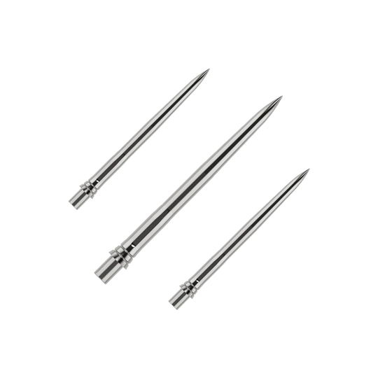 Końcówki do lotek Caliburn EVO - gładkie - srebrne Das Bild zeigt silberne Dartspitzen mit einer glatten Oberfläche, wahrscheinlich aus Metall. Die Dartspitzen sind 28mm lang und werden als Set präsentiert.