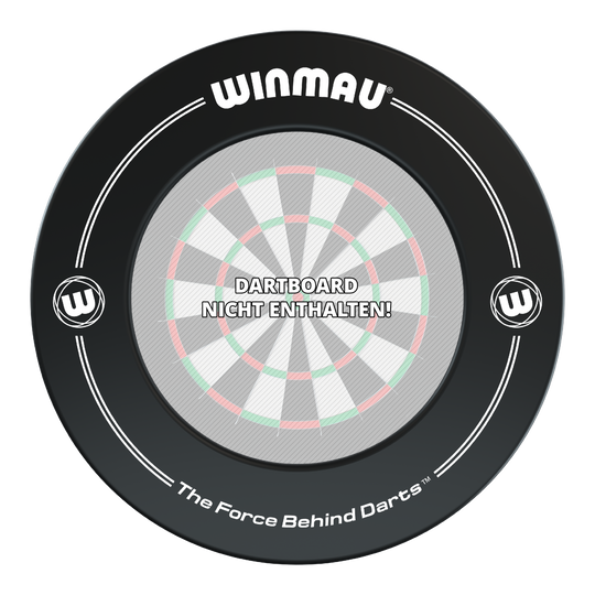 Das Bild zeigt einen schwarzen Dartboard-Surround der Marke Winmau. In der Mitte steht der Hinweis: "Dartboard nicht enthalten!"