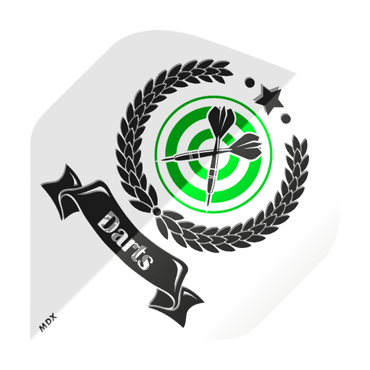 Das Bild zeigt einen bedruckten Flightsatz für Darts mit einem Lorbeerkranz, einer Zielscheibe und zwei Dartpfeilen in der Mitte. Unten steht das Wort "Darts" auf einem schwarzen Banner, und oben ist ein schwarzer Stern abgebildet.