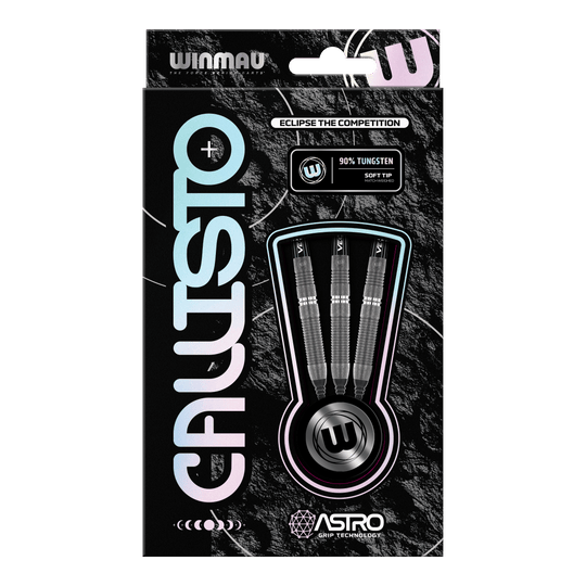 Die Abbildung zeigt die Verpackung der Winmau Callisto 03 Softdarts mit einem Gewicht von 20 g. In der Schachtel sind drei schwarze Darts mit 90 % Tungsten und Softtip sichtbar.