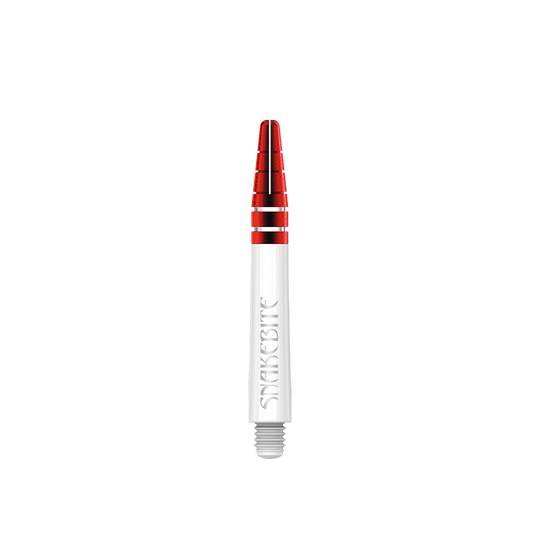 Das Bild zeigt einen Red Dragon Nitrotech Peter Wright Red Shaft in 39 mm Länge. Der Schaft ist weiß mit roten und silbernen Akzenten gestaltet und trägt die Aufschrift "Snakebite".