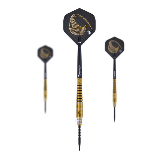 Bulls Stingray ST3 Steeldarts Das Bild zeigt drei Steeldarts des Modells "Bulls Stingray ST3". Die Darts haben ein schwarzes und goldenes Design mit geriffeltem Griffbereich.