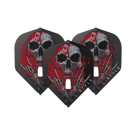 Die Abbildung zeigt drei schwarze Dart-Flights mit einem auffälligen Totenkopf-Design, das von roten Farbspritzern umgeben ist. Am unteren Rand steht der Schriftzug „L-STYLE“.