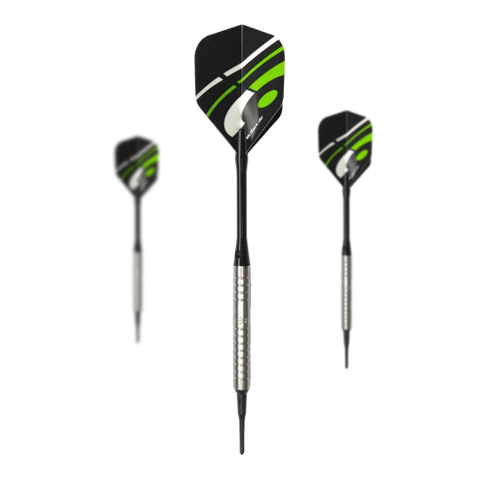 Lotki miękkie McDart 85 Tungsten V16 - 16,5 g Das Bild zeigt drei Softdarts des Modells "McDart 85er Tungsten V16" mit einem Gewicht von 16,5g. Die Darts haben silberne Griffe und schwarze Flights mit grünen und weißen Akzenten.