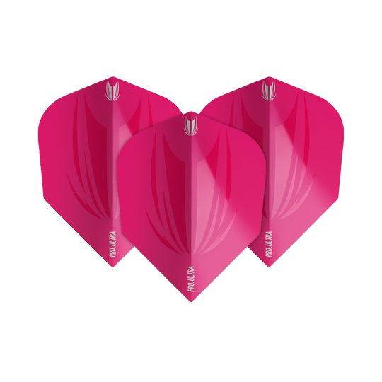TG419_Target_ProUltra_ID_Pink_No6_Flights_1GOu20S925AFtl Das Bild zeigt drei pinkfarbene Dart-Flights der Marke Target ProUltra ID in der Größe No6. Sie haben ein glänzendes Design mit dem Schriftzug "PRO ULTRA" am unteren Rand.