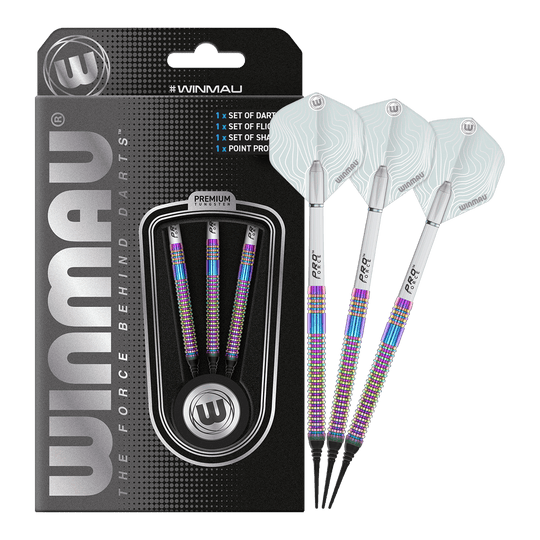 Zu sehen sind die Winmau Solaris Urban Softdarts mit 21 Gramm Gewicht. Dieses Set eignet sich für präzises Dartspielen.