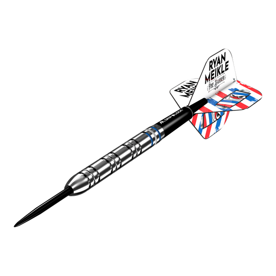 Das Bild zeigt die Mission Ryan Meikle The Barber Steeldarts - 23g. Es handelt sich um professionelle Steeldarts mit hoher Genauigkeit.