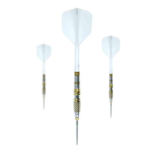 Caliburn Players Darts Lee Soon An Gold Spear Steeldarts mit 23 Gramm. Das Bild zeigt ein Set von Steeldarts mit goldenem Design.