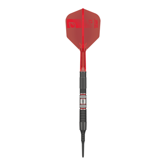 Miękkie lotki Target Gabriel Clemens 95K - 19g Das Bild zeigt einen Softdartpfeil des Modells „Target Gabriel Clemens 95K Softdarts - 19g“. Der Pfeil hat eine rote Flight, einen schwarzen Griffbereich und eine schwarze Spitze.